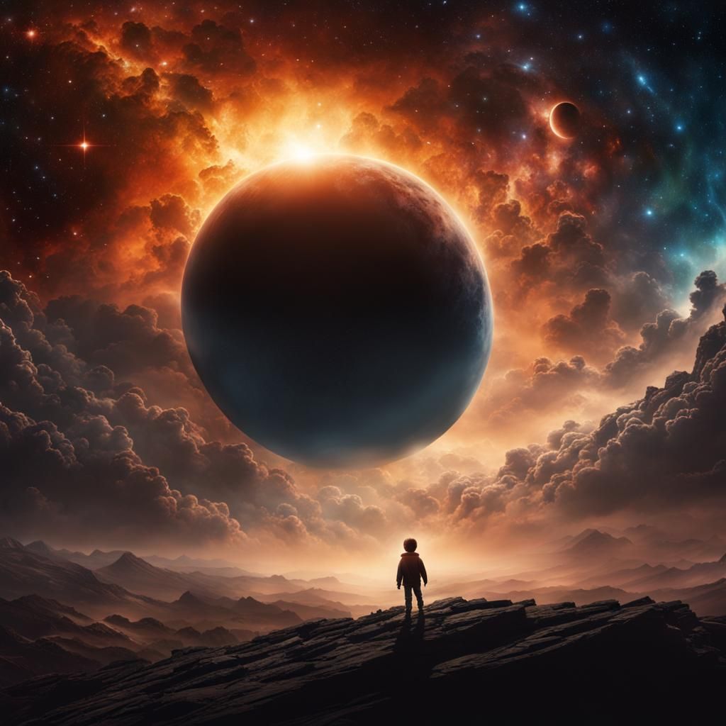 Boy's Silhouette Floating Through Interstellar Nebulae