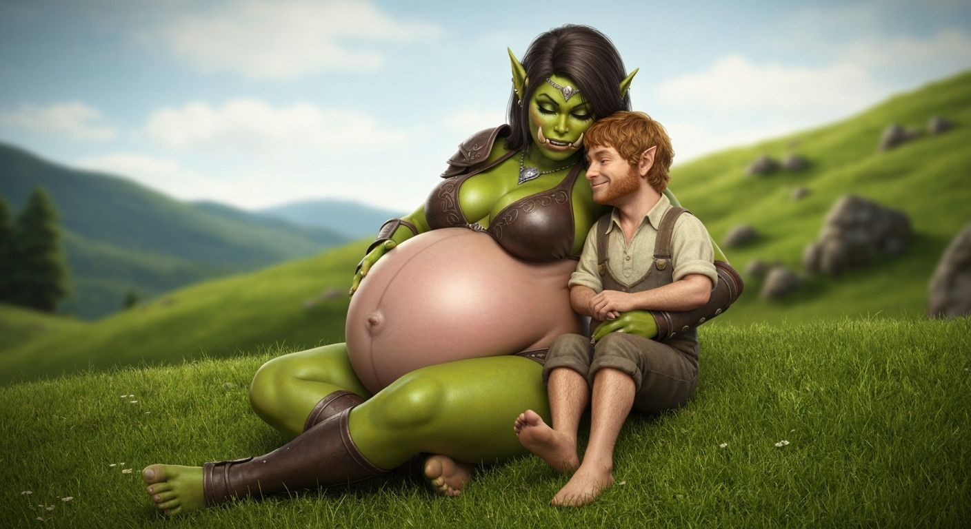 Orc Woman and Hobbit Snuggle on Hillside