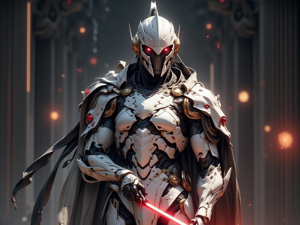 Sith Lord in Shining White Armor with Red Accents and Intens...