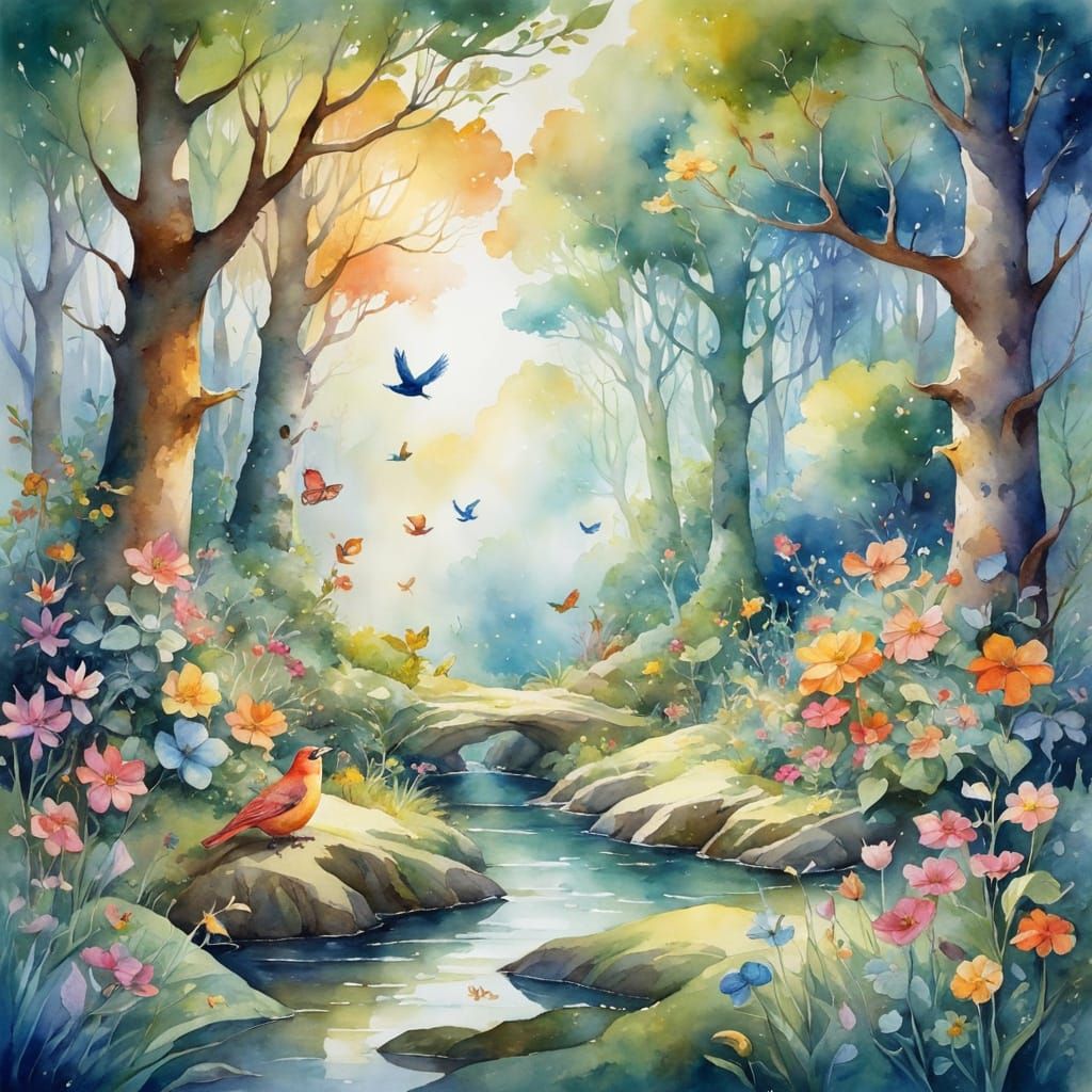 Whimsical Kidcore Watercolor in Forest Clearing