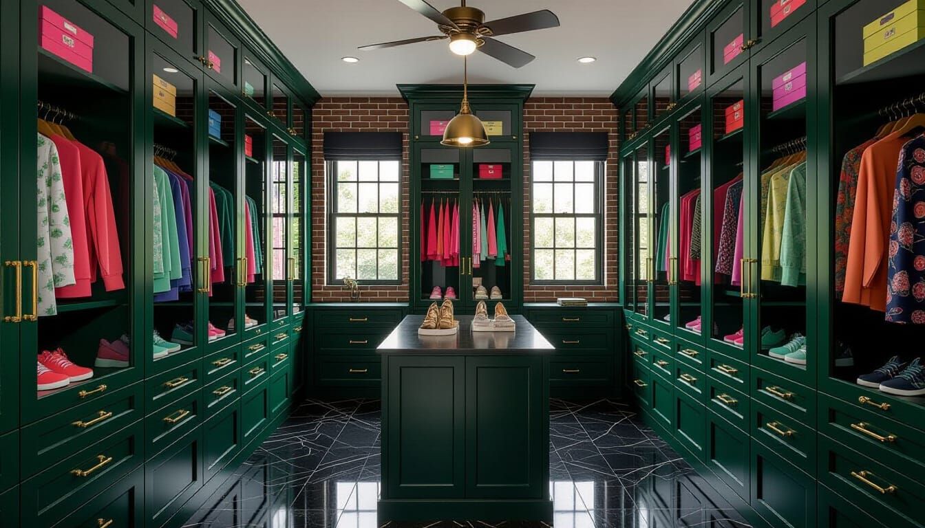 Vibrant Victorian Walk-In Closet with Emerald Showcases