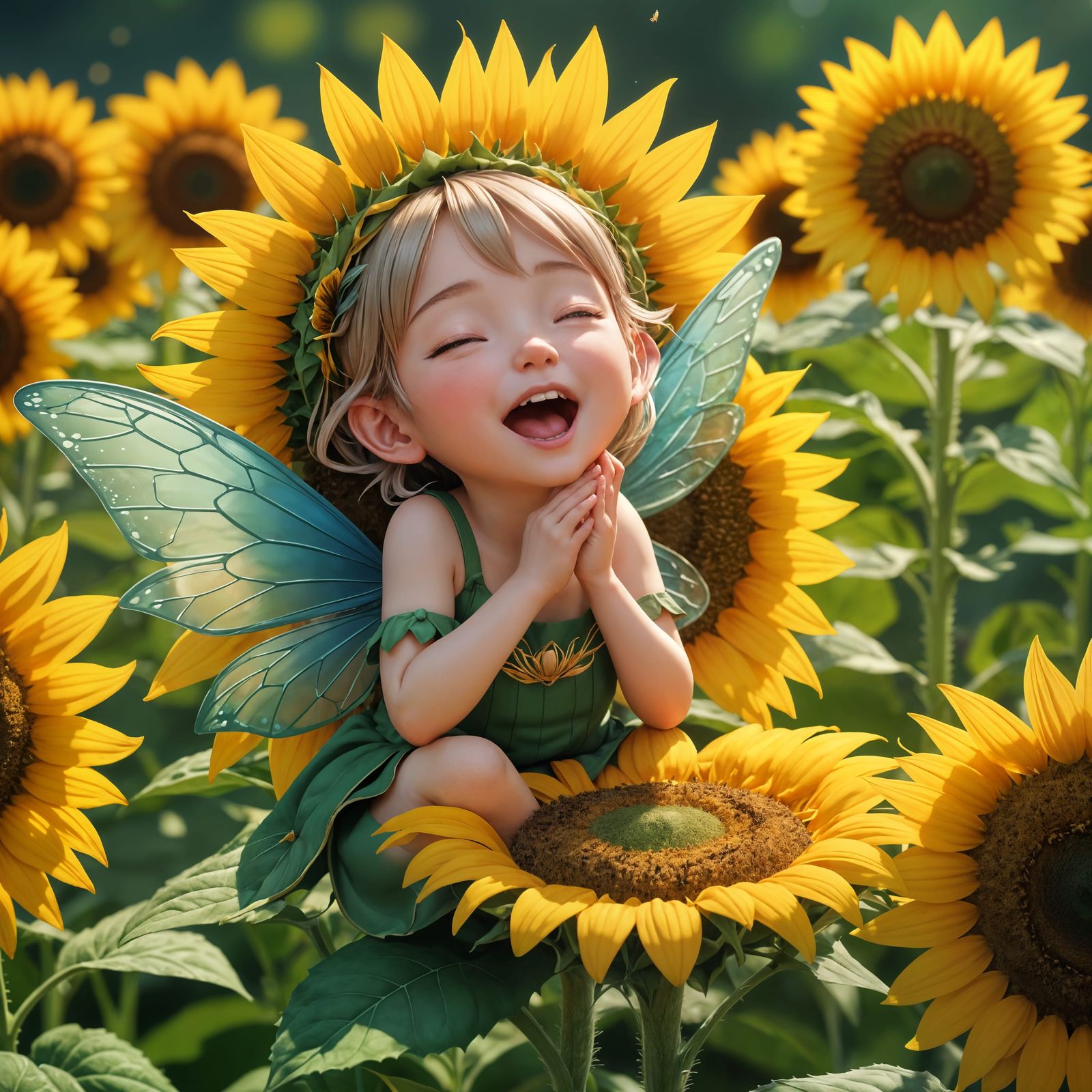 Cute Fairy on Sunflower in 3D Anime Style