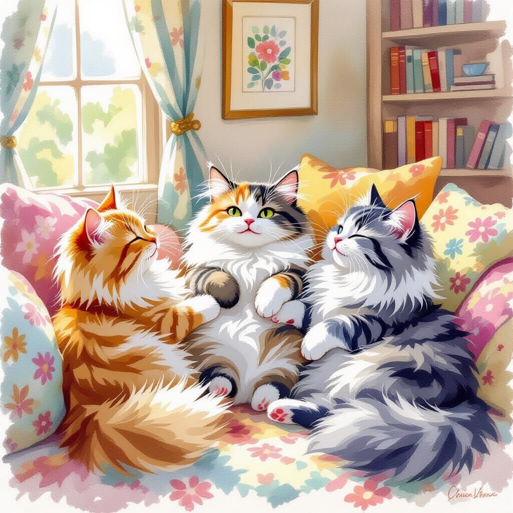 Whimsical Cats Playing, in Watercolor Style