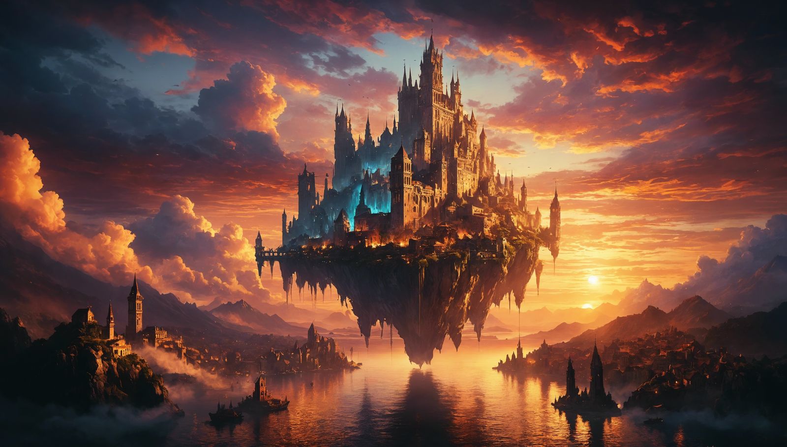 Renaissance City on Flying Island at Sunset