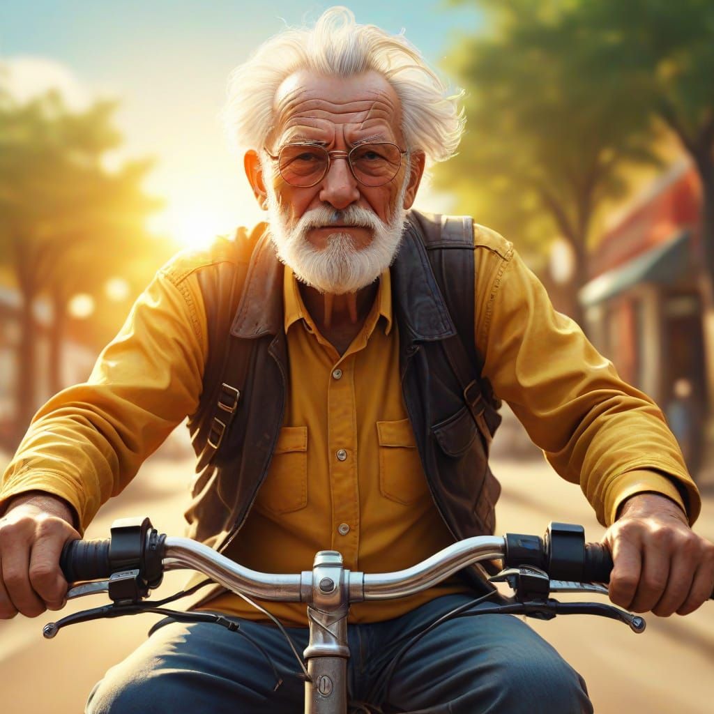 Joyful Old Man Rides Bike in Comic Book Style