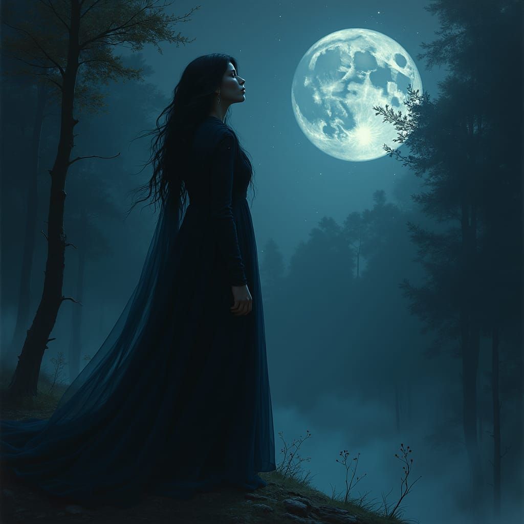 Ethereal Woman in Twilight Forest, Dreamlike Surrealism