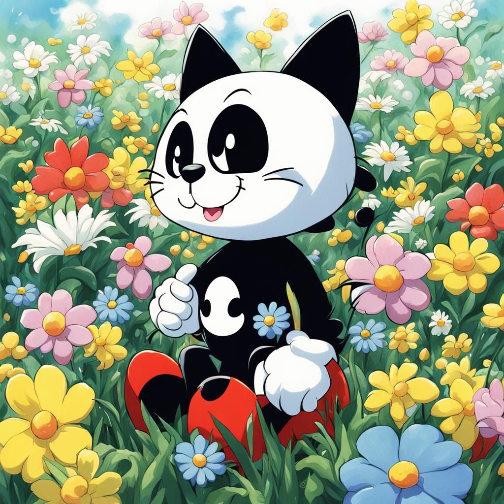 Felix the Cat in Anime Style With Flowers