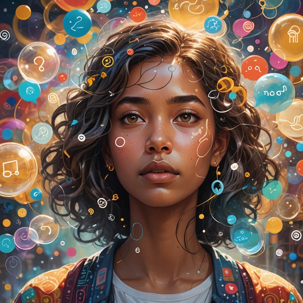 Thoughtful Person Surrounded by Floating Symbols