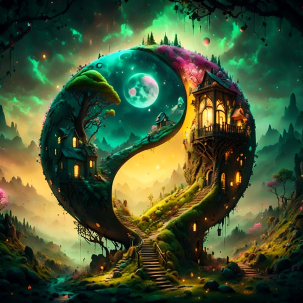 Yin Yang Forest Village in Moonlit Fantasy
