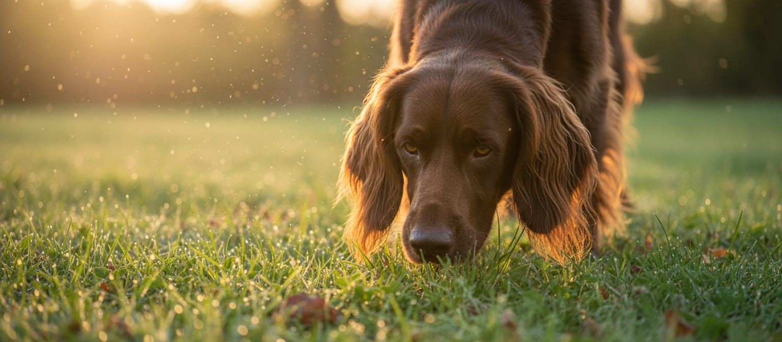German Pointer Dog Sniffing Grass in Golden Hour Light