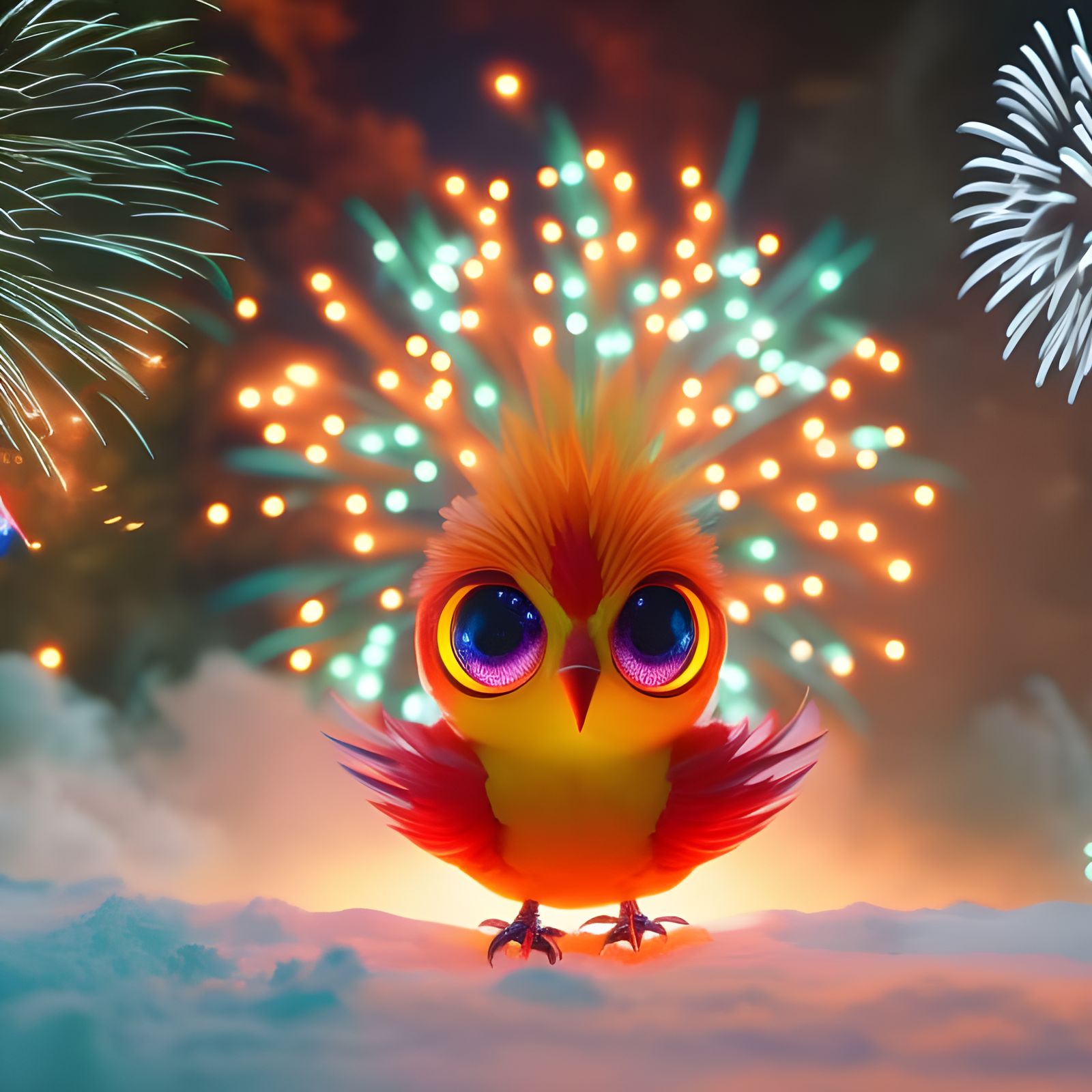 Cute Baby Phoenix Surrounded by Fireworks