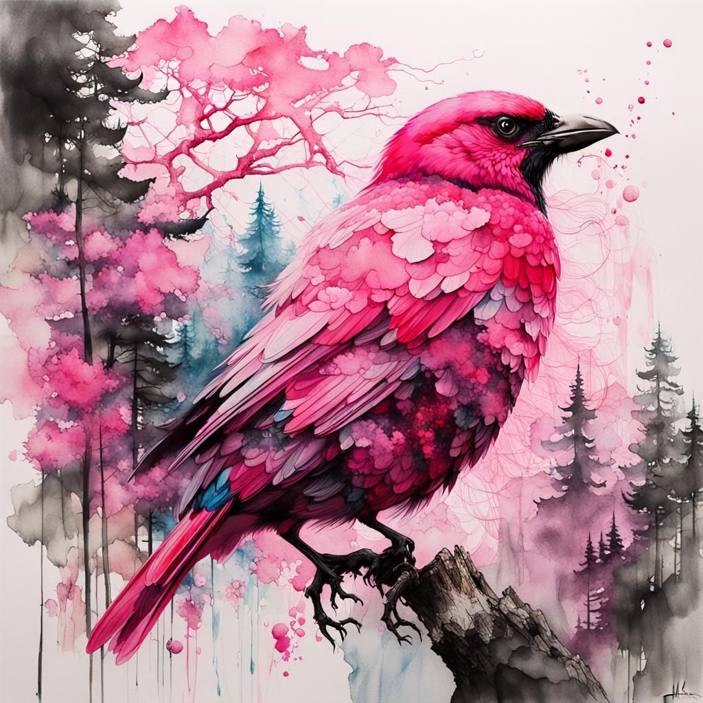 Double Exposure Bird in Spring Landscape, Watercolor Style