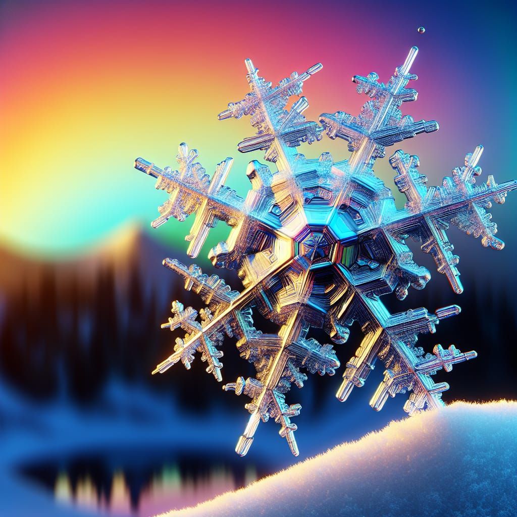 Detailed Snowflake Reflecting Snowy Landscape