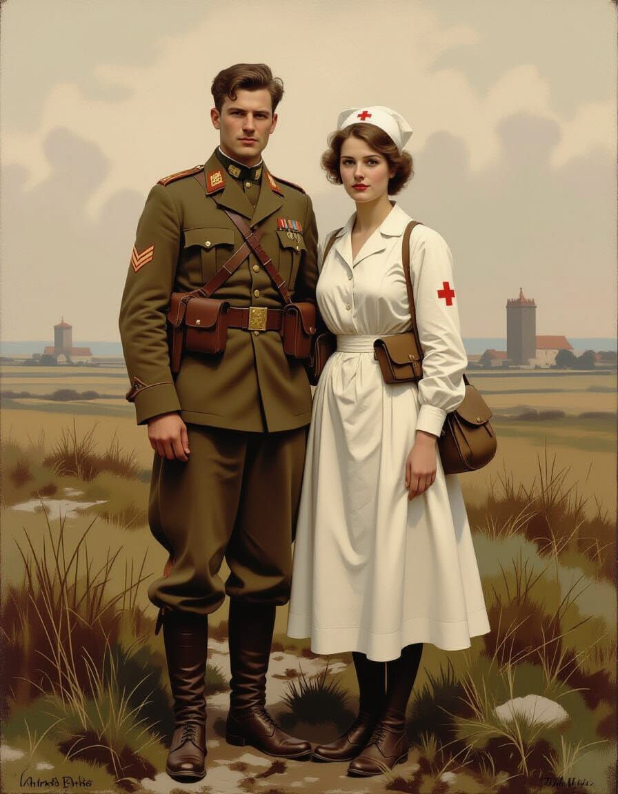 Lieutenant and Nurse in War-Torn Landscape