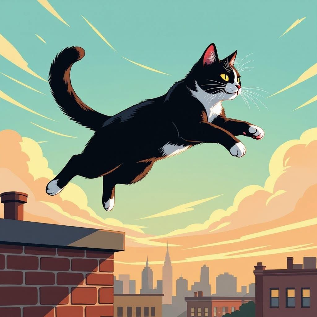 Fearless Cat Leaps From Rooftop in Stylized Illustration