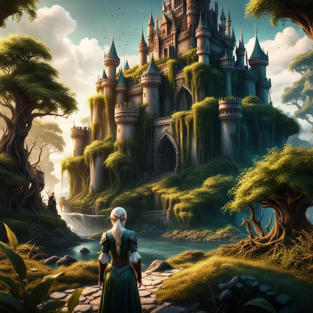 Fantasy Elf Gazing at Overgrown Island Castle
