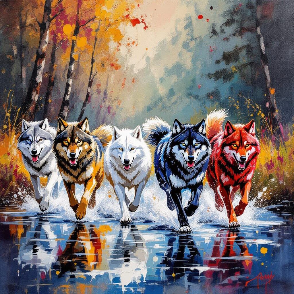 Colorful Wolves Running by River in Graffiti Art Style