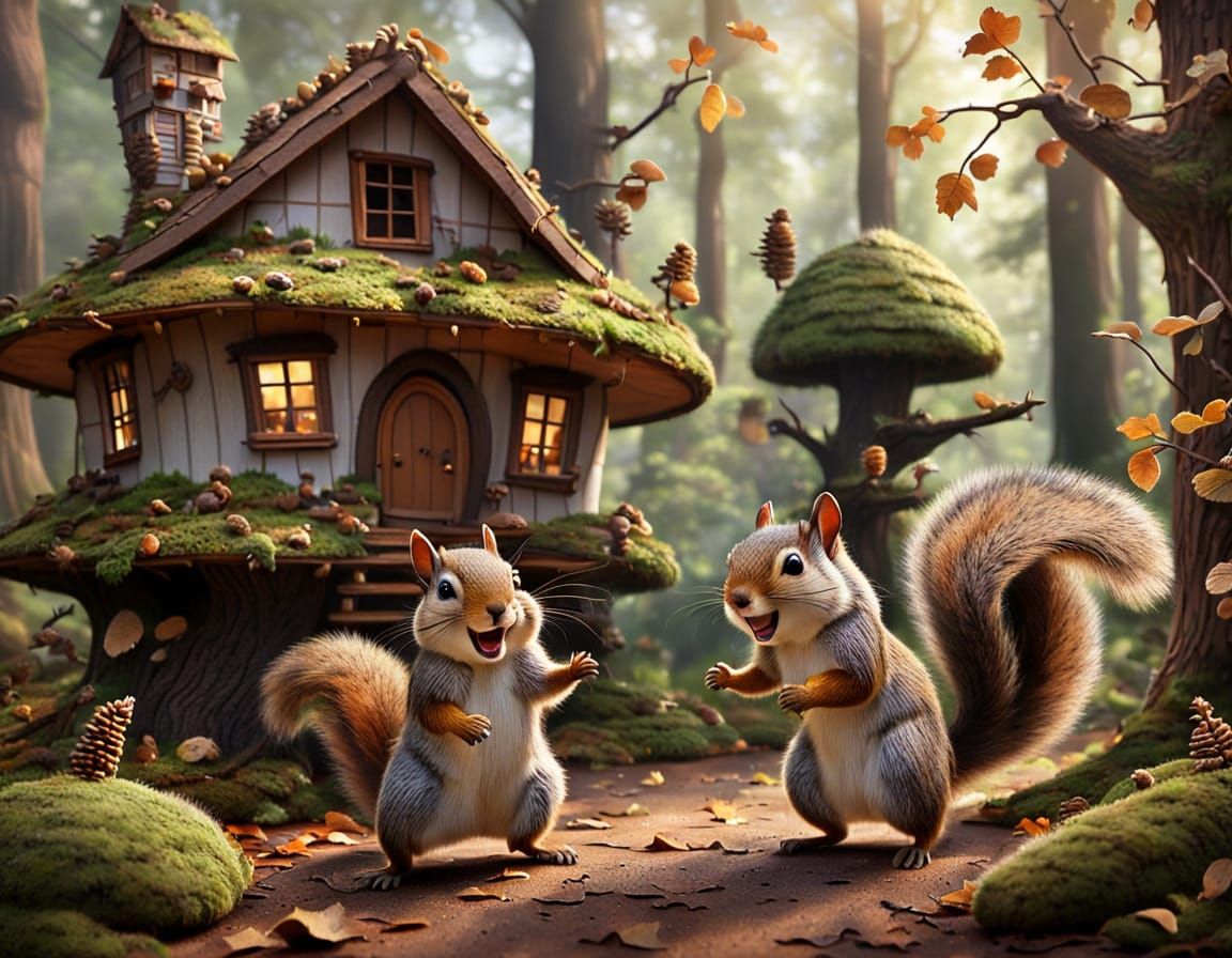 Joyful Squirrels Dancing in Front of Whimsical Acorn Home