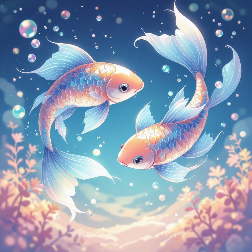 Pisces Zodiac Sign Anime Illustration with Shimmering Fish