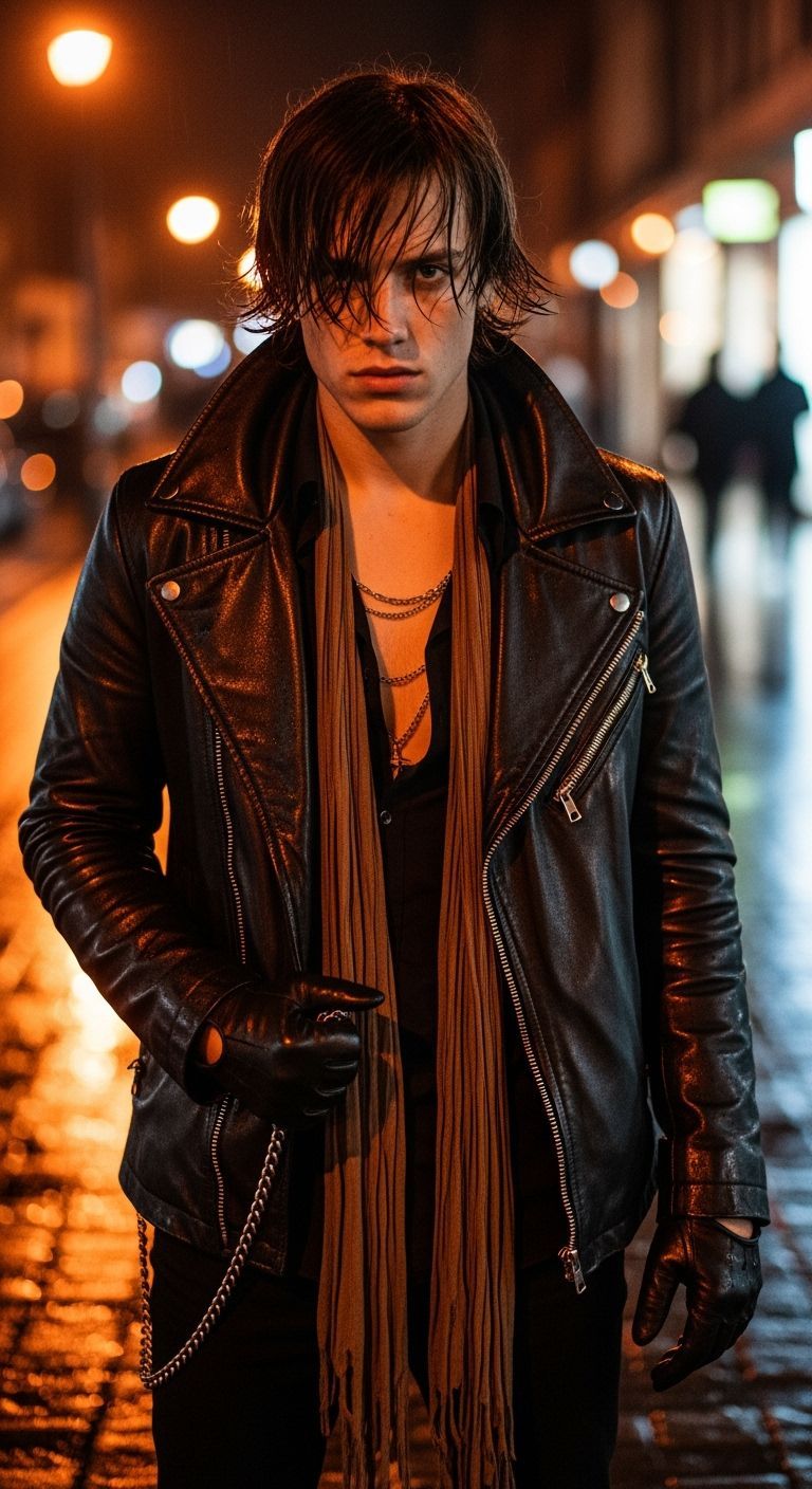 Moody Cinematic Portrait of Man in Wet City Street