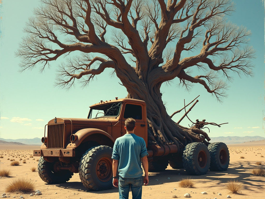 Desolate Landscape with Skeletal Truck and Tree of Life