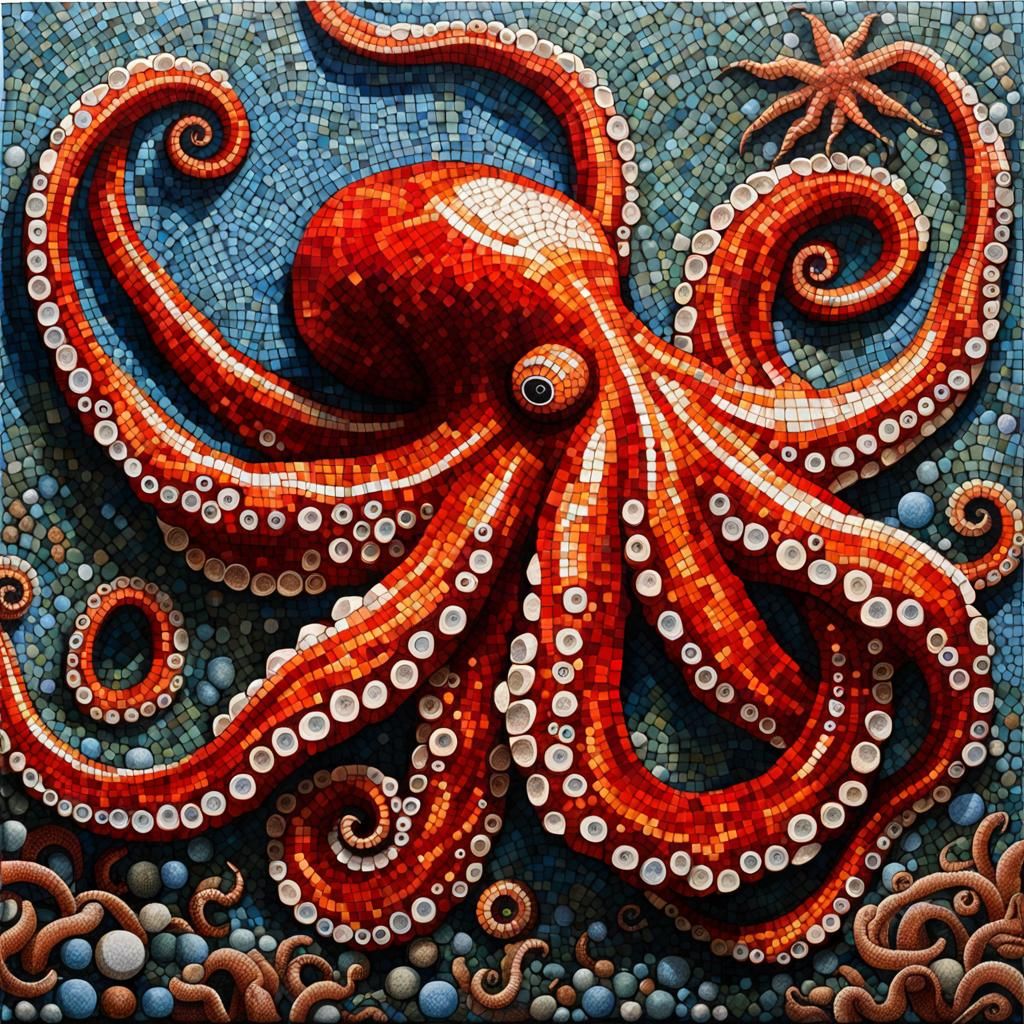 Red Octopus Vulgaris in Ceramic Mosaic Style