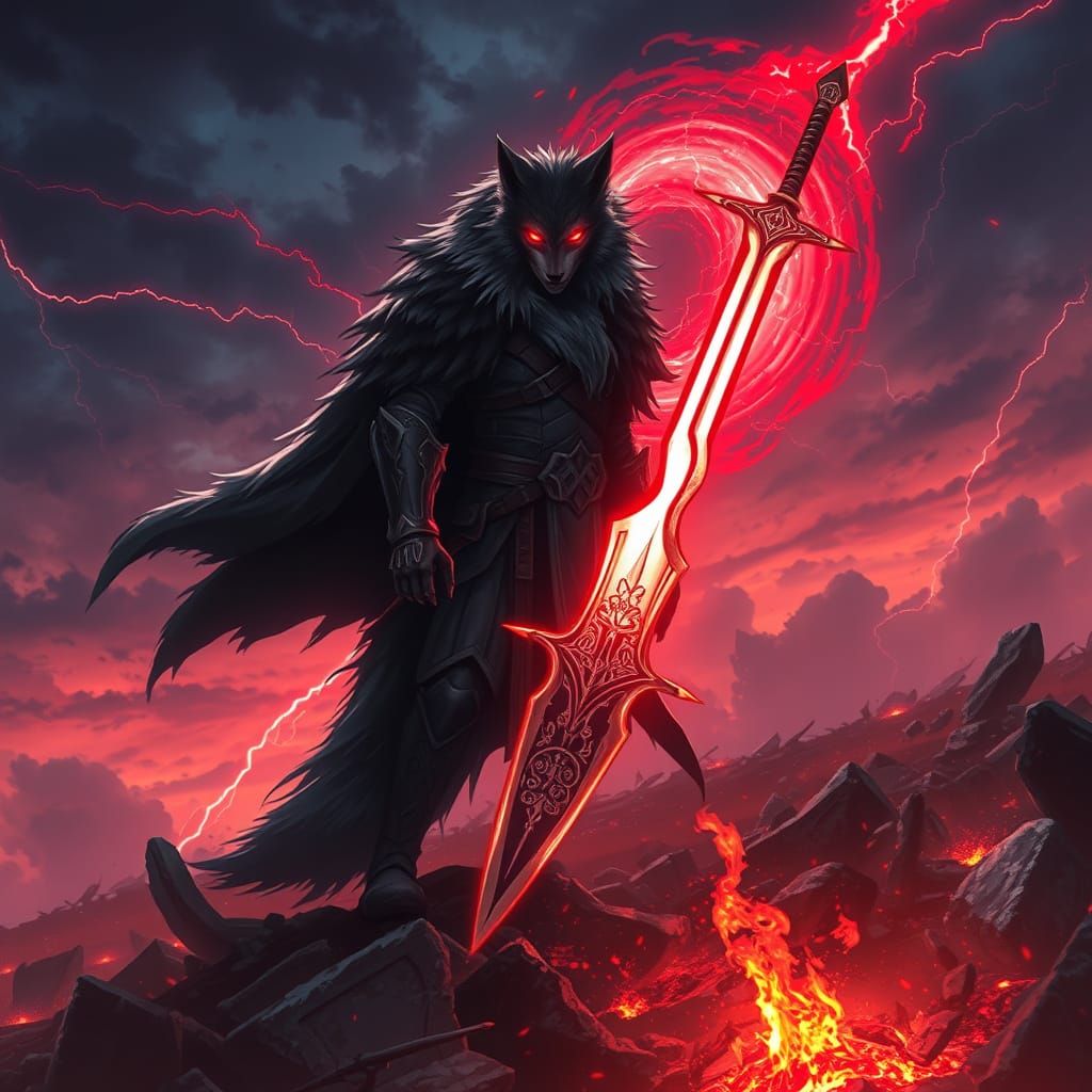 Divine Warrior in Wolf Form, Radiating Fury and Sorrow