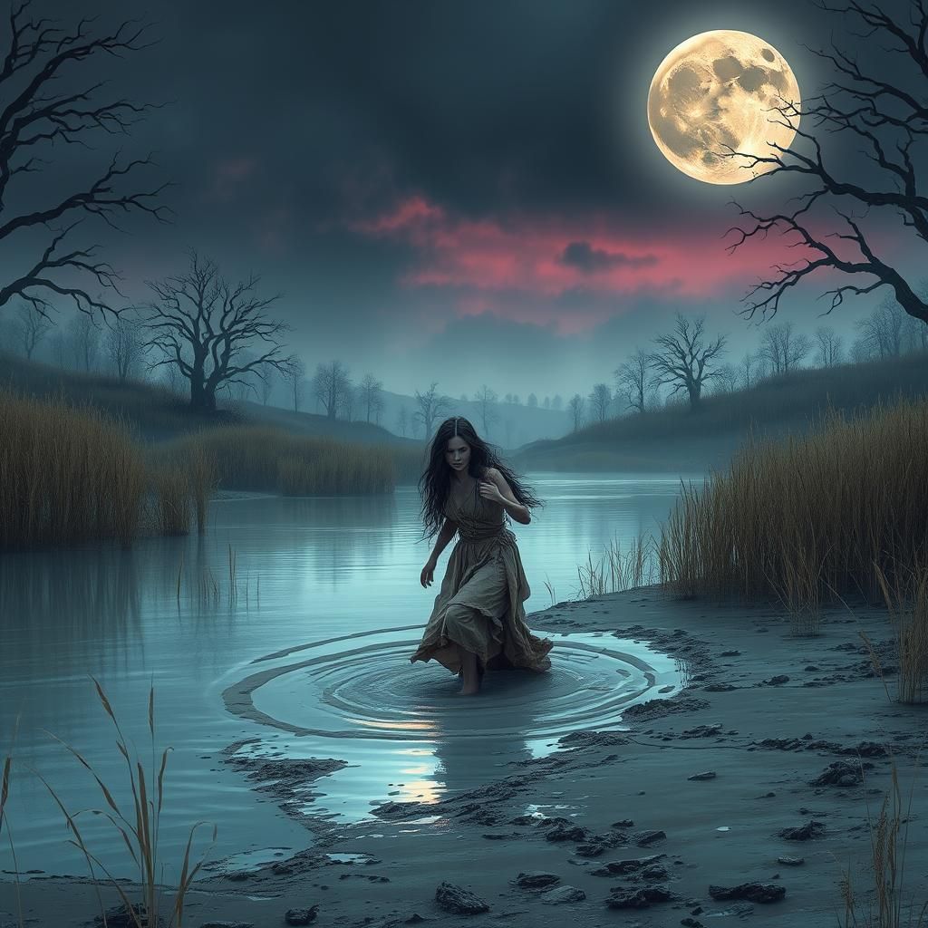Ethereal Woman Emerges from Mystical Moonlit Lake