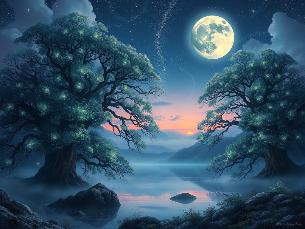 Fantasy Twilight Landscape with Bioluminescent Trees