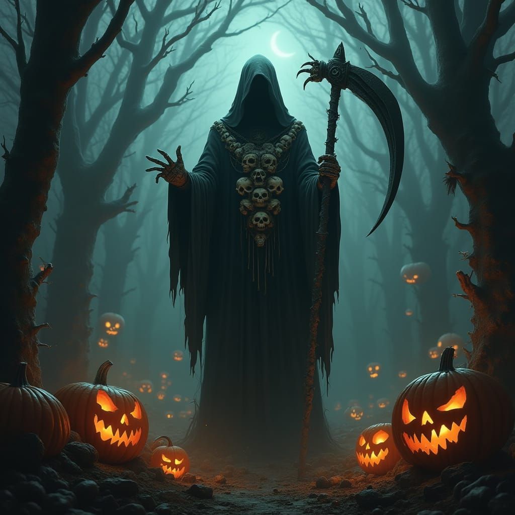 Grim Reaper in Eerie Pumpkin Patch, Dark Art