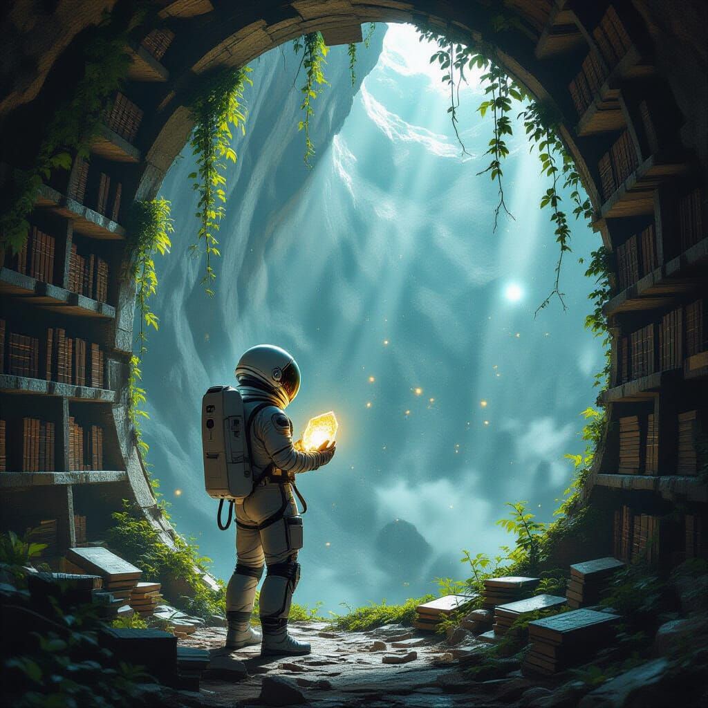 Astronaut Explores Alien Mountain Library