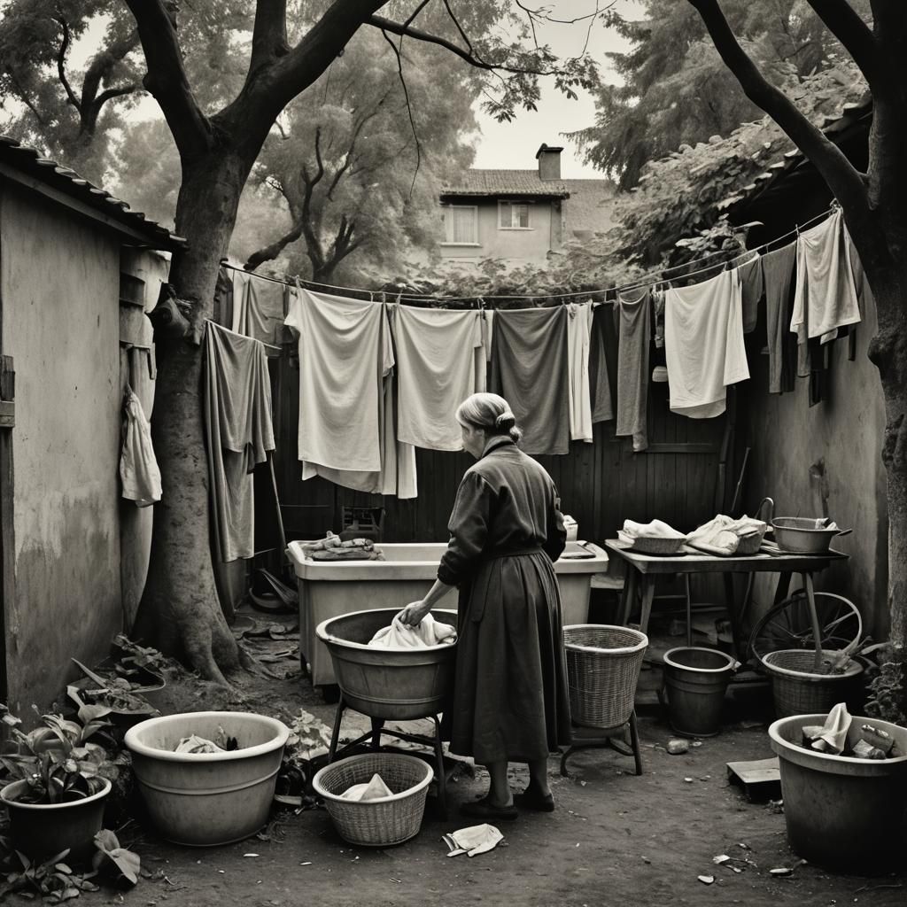 Mother Hanging Laundry: Evocative Black and White Photo