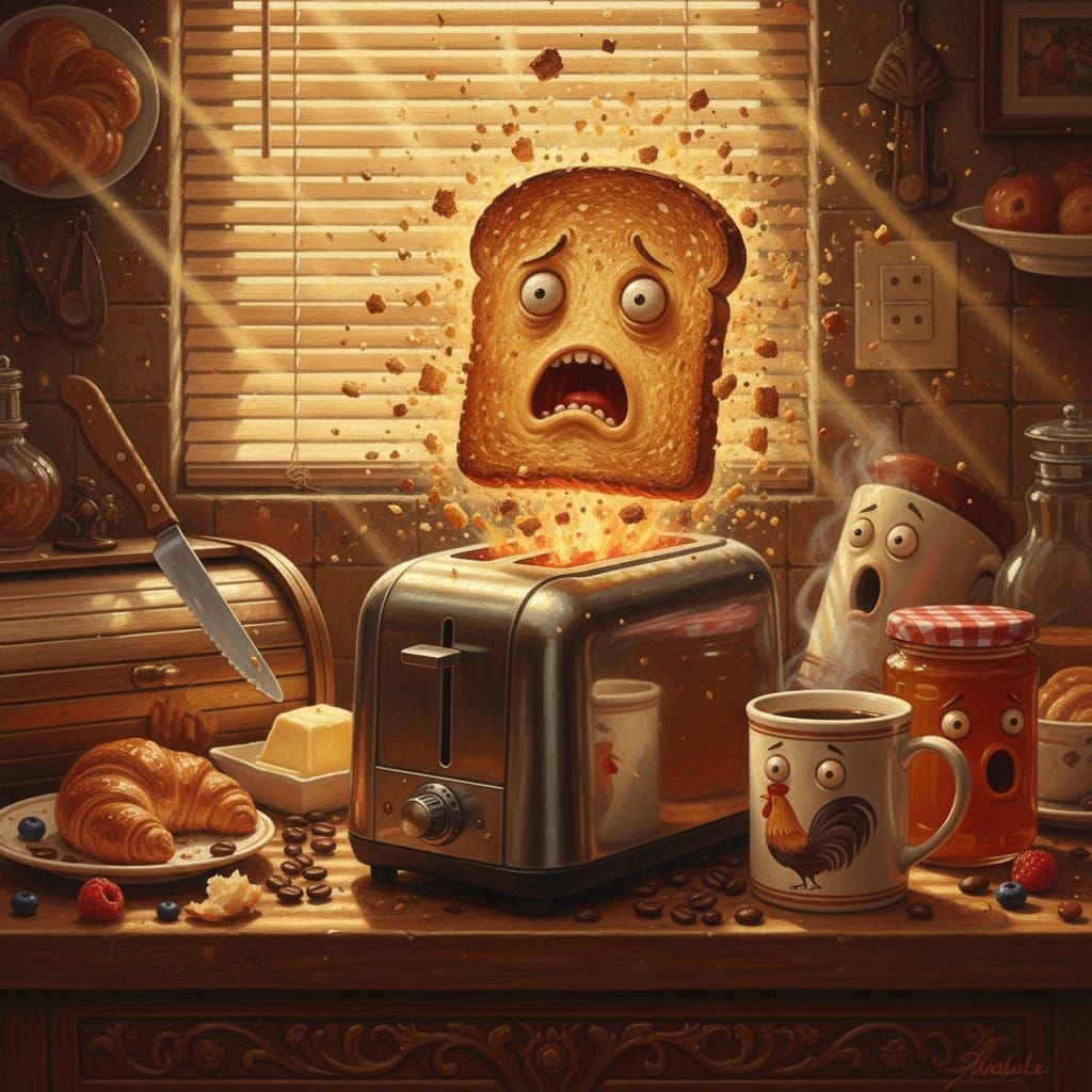 Terrified Toast Pops From Glowing Toaster in Cinematic Scene