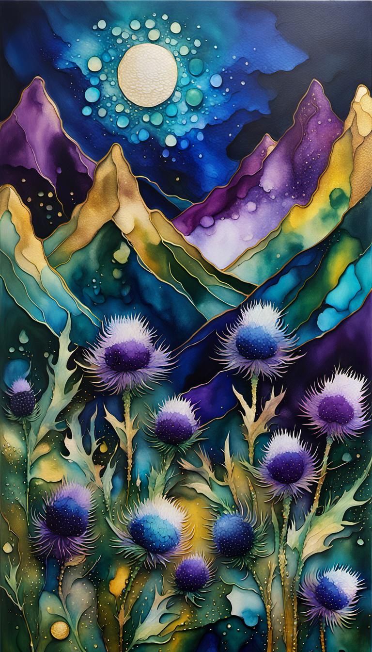 Alcohol Ink (Abstract Mountain Landforms: 1.2) Dark Blue and Pine Green and  Dark Yellow, Sparkling Mist, Raining Dewdro...