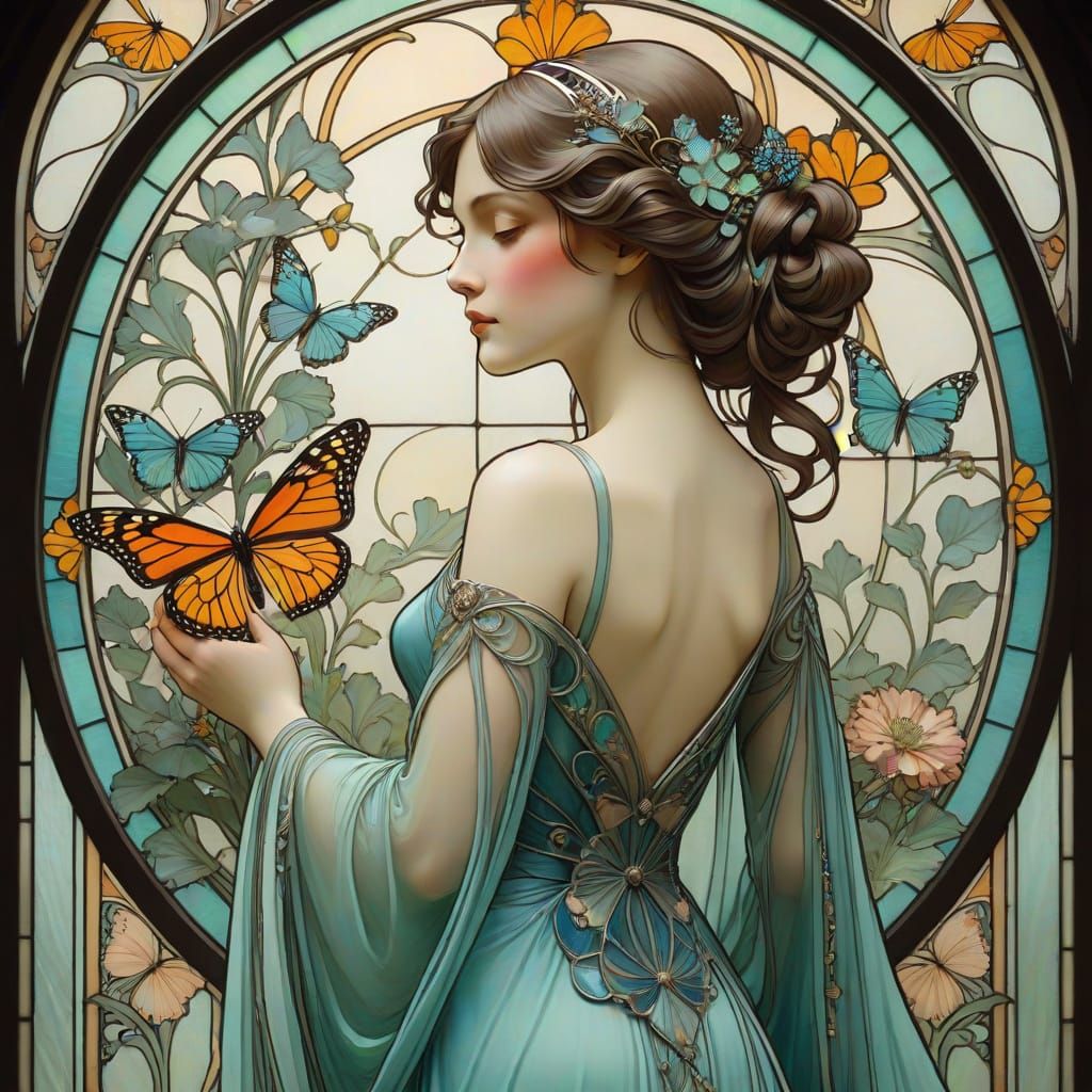 Elegant Woman in Art Nouveau Style with Flowing Hair