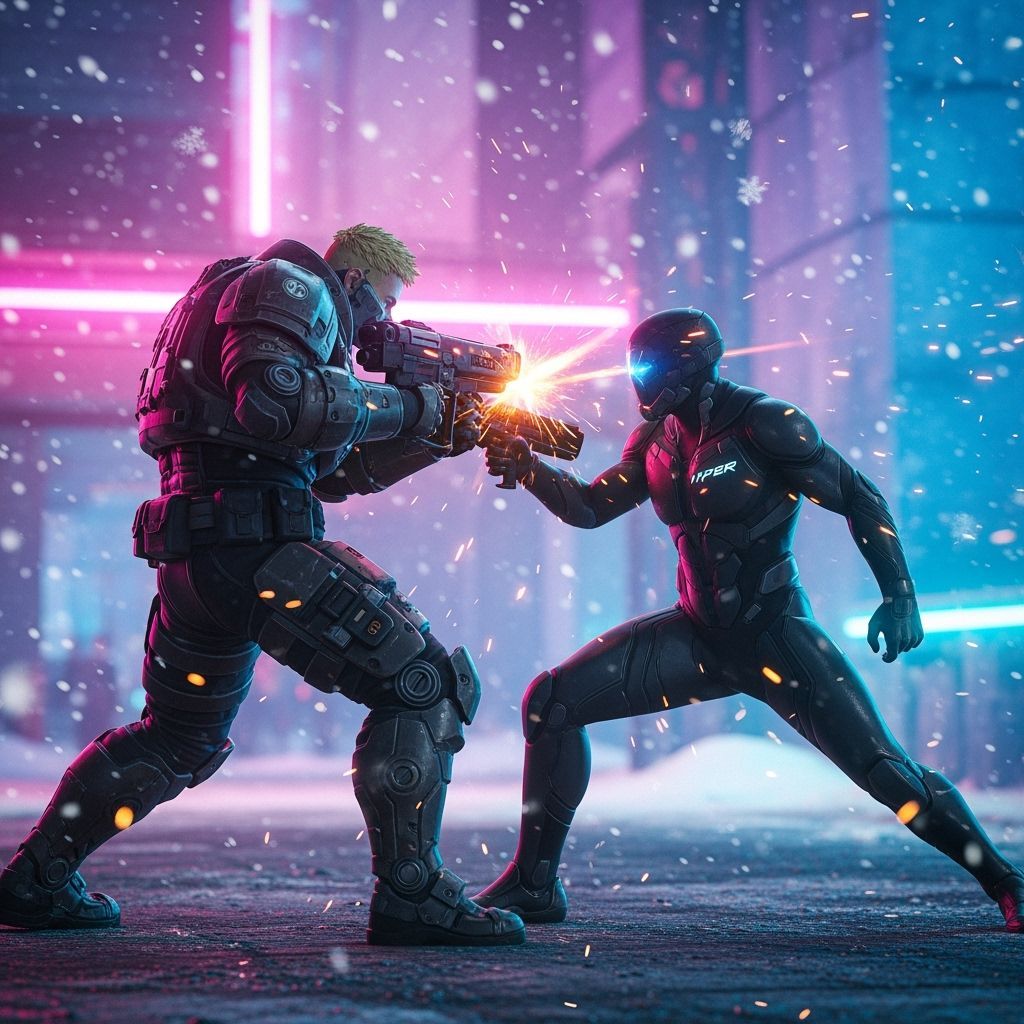 Futuristic Warriors Clash in Snowy Cyberpunk Battle