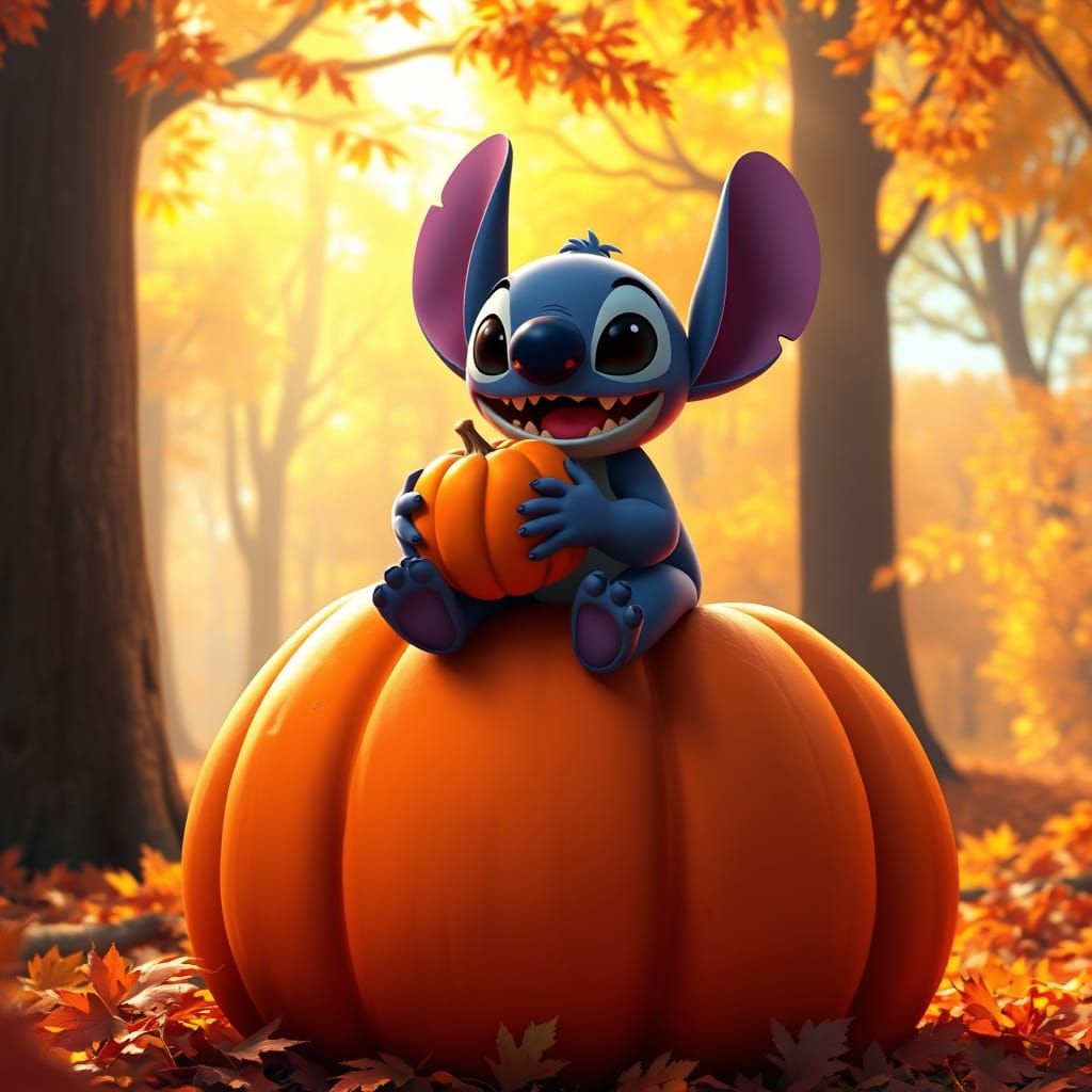 Disney's Stitch Sits on Pumpkin in Autumn Forest