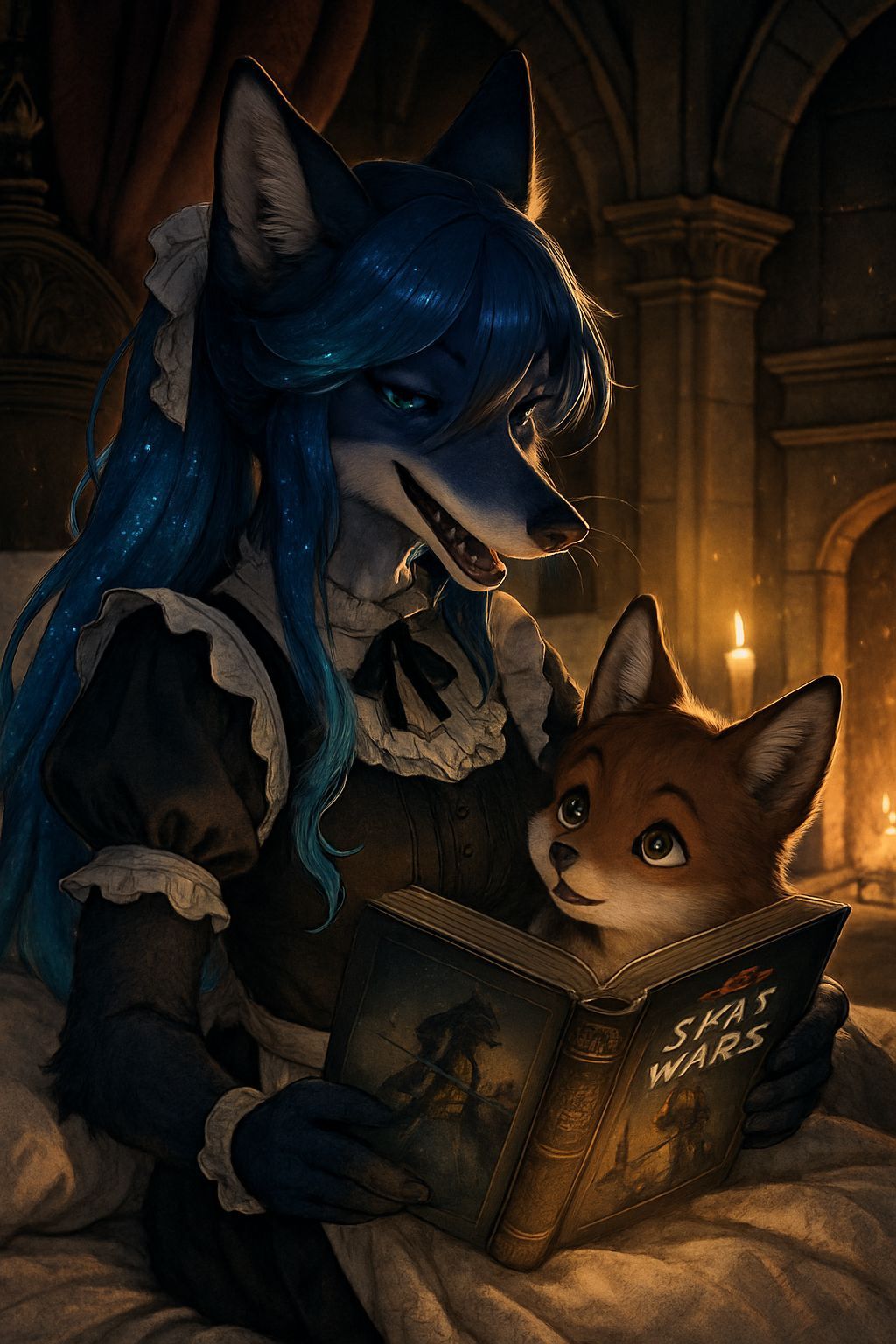 Anime Foxgirl Reading in Candlelit Chamber