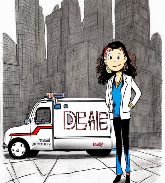 Female Doctor Beside Ambulance in Comic Art Style
