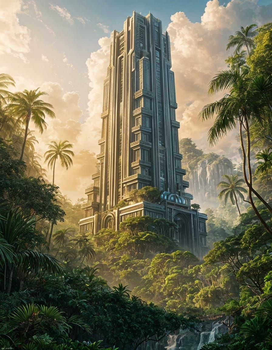 Art Deco Skyscraper Amidst Jungle Landscape