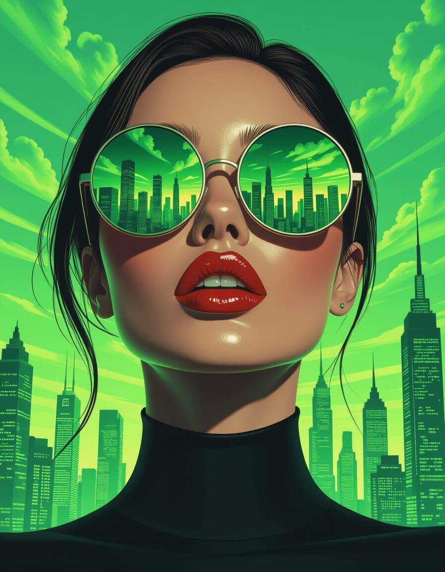 Futuristic Woman with Glowing Skin Reflecting Apocalyptic Ci...