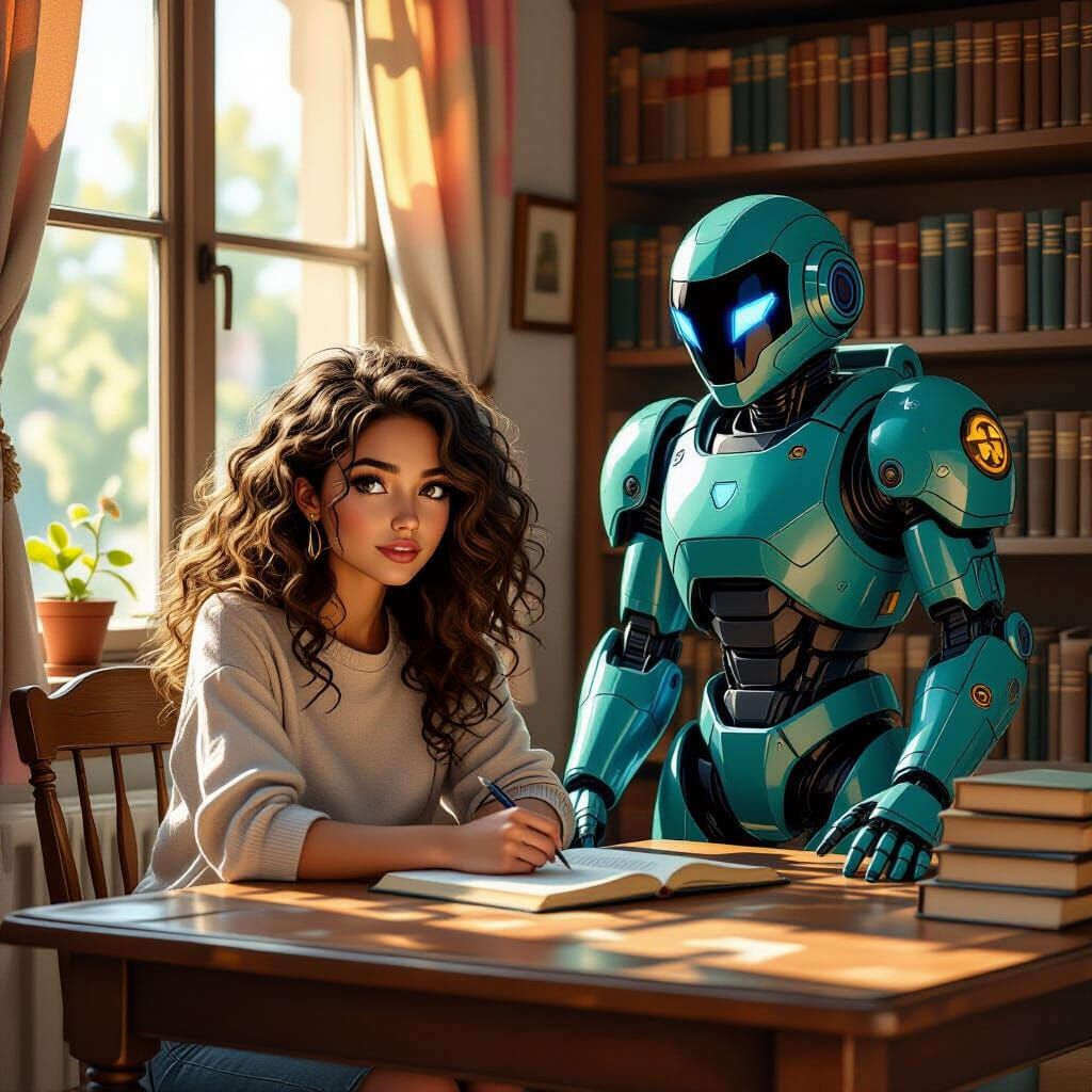 Woman and Robot in Warmly Lit Pixel Impressionism