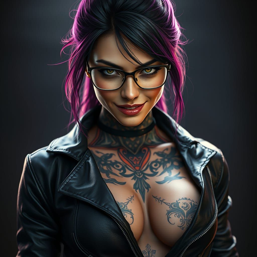 Confident Assassin in Sleek Black Leather Jacket with Intric...