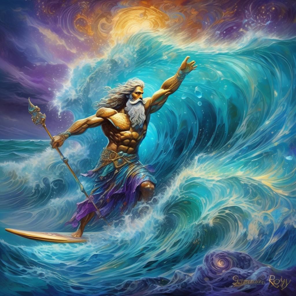Poseidon Surfing a Wave in Magical Turquoise Light