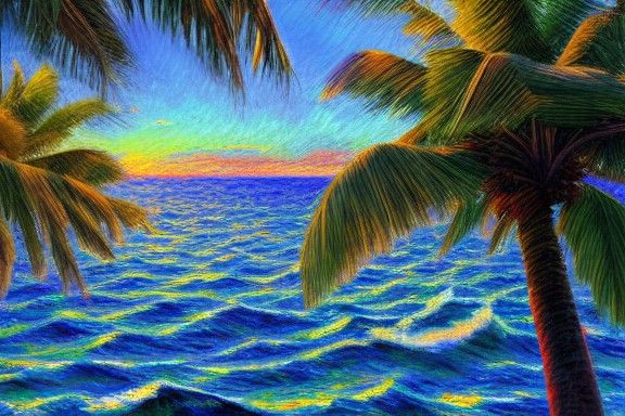 Tranquil Ocean Scene with Palm Trees in Impressionism