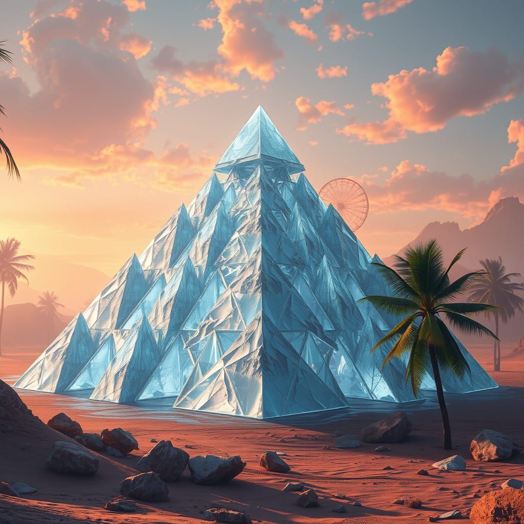 Ice Pyramid made of pyramids, starting to melt, in a desert tropical landscape. magic.