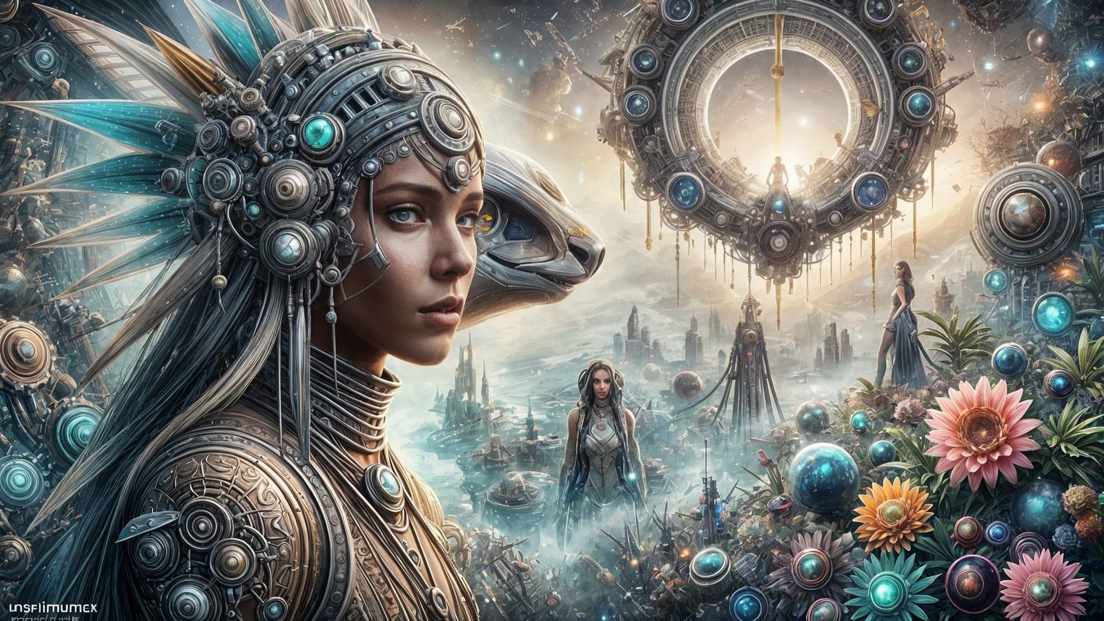 Utopian Future Cityscape with Woman in Retro-Futuristic Styl...