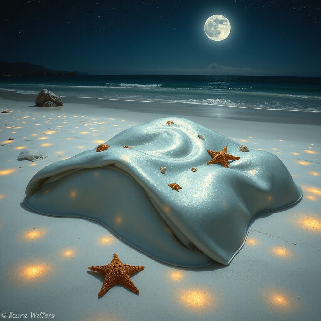 Ethereal Ocean Wave Bed on Moonlit Beach