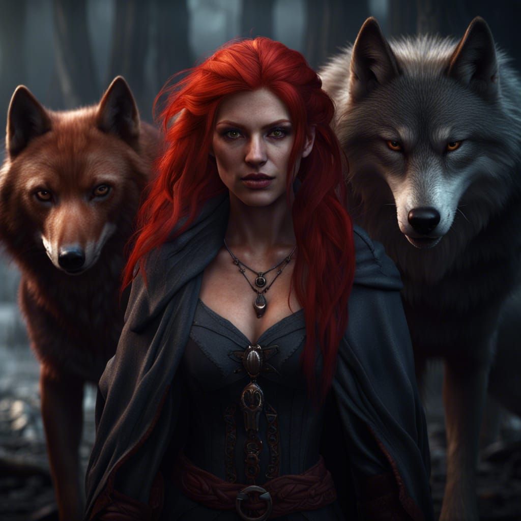 Red-Haired Witch with Wolf and Vampire