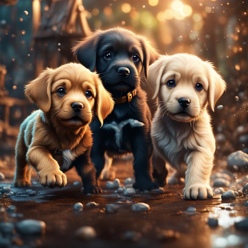 Cute Puppies Playing: Detailed Fantasy Concept Art